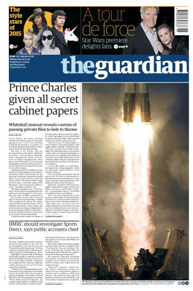 The Guardian (UK) Newspaper Front Page for 16 December 2015