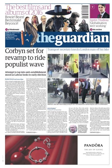 The Guardian Newspaper Front Page for 16 December 2016