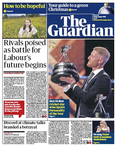 The Guardian Newspaper Front Page for 16 December 2019