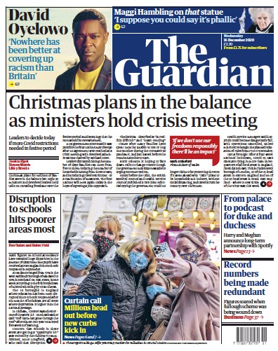 The Guardian Newspaper Front Page for 16 December 2020