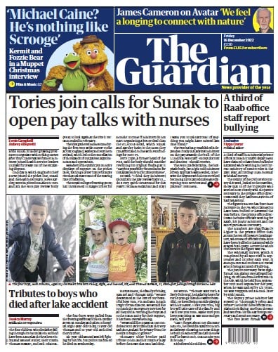 The Guardian (UK) Newspaper Front Page for 16 December 2022