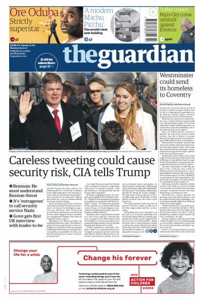 The Guardian (UK) Newspaper Front Page for 16 January 2017