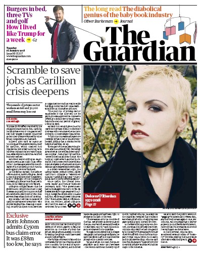 The Guardian (UK) Newspaper Front Page for 16 January 2018