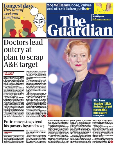 The Guardian (UK) Newspaper Front Page for 16 January 2020