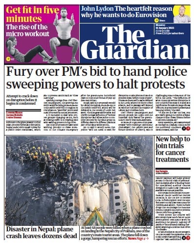 The Guardian (UK) Newspaper Front Page for 16 January 2023