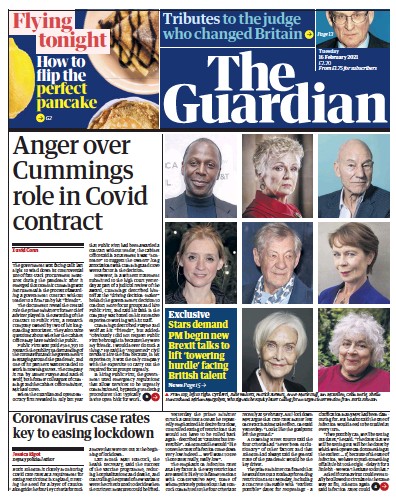 The Guardian Newspaper Front Page for 16 February 2021