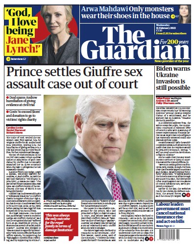 The Guardian Newspaper Front Page for 16 February 2022