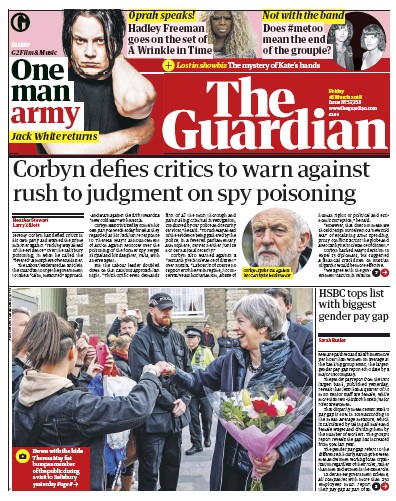 The Guardian Newspaper Front Page for 16 March 2018