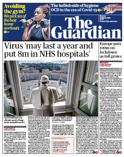 The Guardian Newspaper Front Page for 16 March 2020