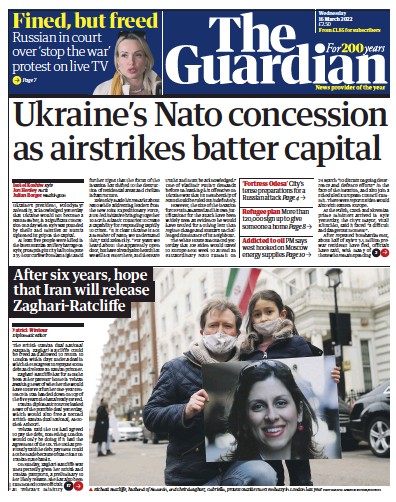 The Guardian Newspaper Front Page for 16 March 2022