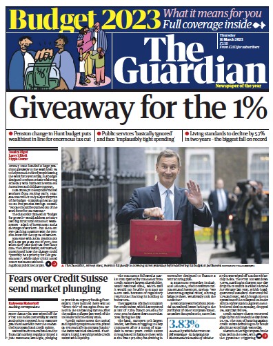 The Guardian (UK) Newspaper Front Page for 16 March 2023