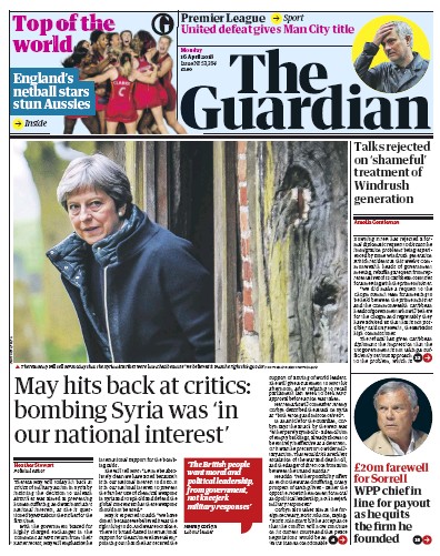 The Guardian Newspaper Front Page for 16 April 2018