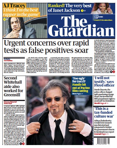 The Guardian (UK) Newspaper Front Page for 16 April 2021