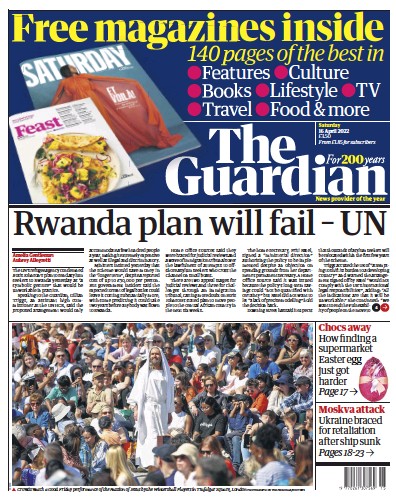 The Guardian Newspaper Front Page for 16 April 2022