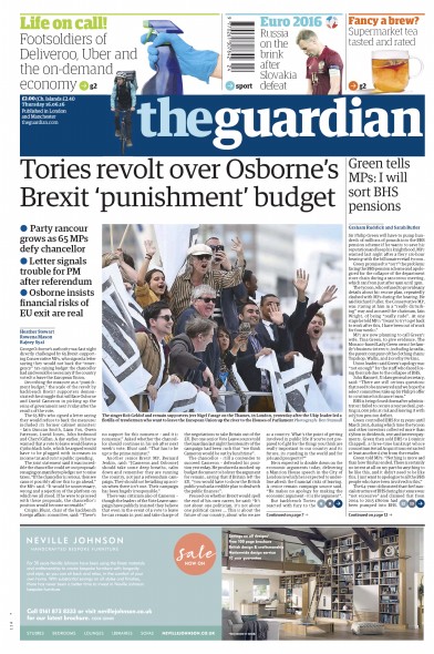 The Guardian Newspaper Front Page for 16 June 2016