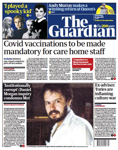 The Guardian (UK) Newspaper Front Page for 16 June 2021