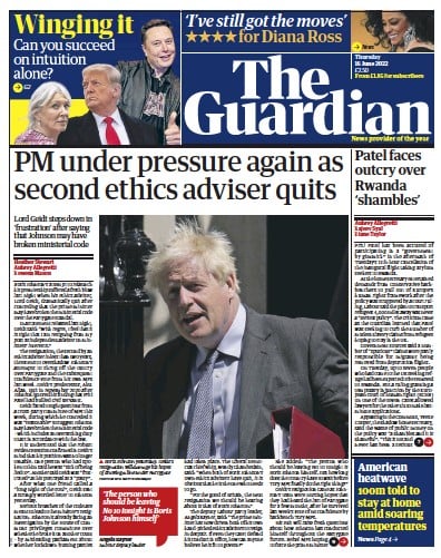 The Guardian (UK) Newspaper Front Page for 16 June 2022