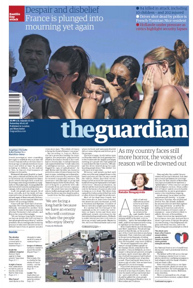 The Guardian Newspaper Front Page for 16 July 2016