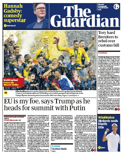 The Guardian Newspaper Front Page for 16 July 2018