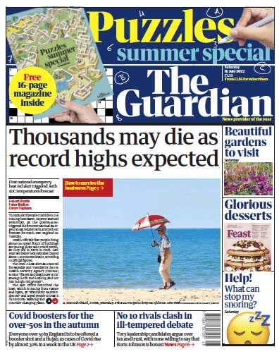 The Guardian Newspaper Front Page for 16 July 2022