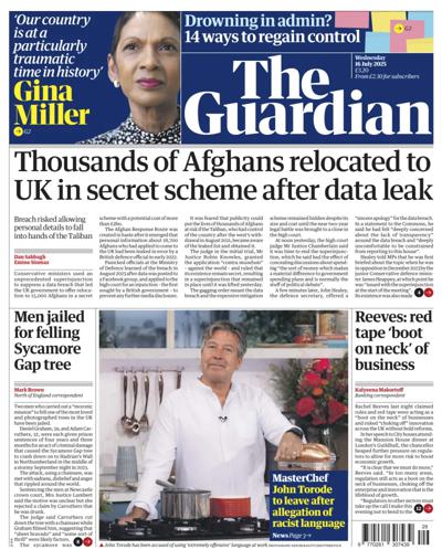 The Guardian (UK) Newspaper Front Page for 16 July 2025