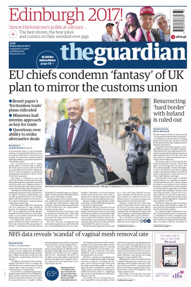 The Guardian Newspaper Front Page for 16 August 2017