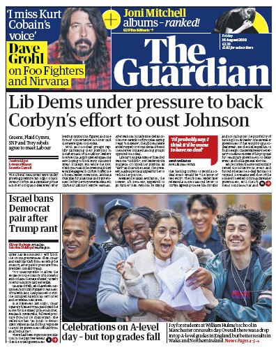 The Guardian Newspaper Front Page for 16 August 2019