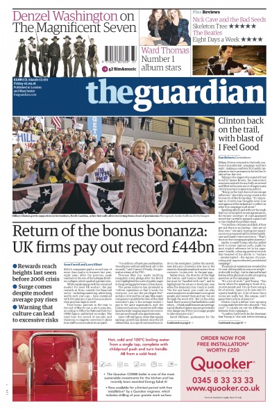 The Guardian Newspaper Front Page for 16 September 2016