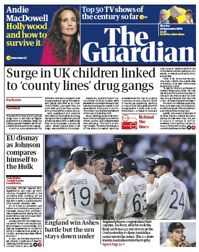 The Guardian Newspaper Front Page for 16 September 2019