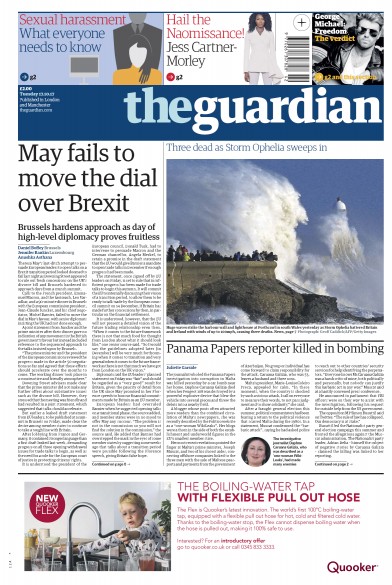 The Guardian Newspaper Front Page for 17 October 2017