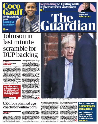 The Guardian Newspaper Front Page for 17 October 2019