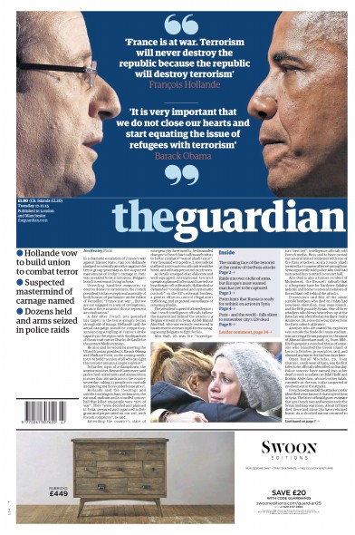 The Guardian Newspaper Front Page for 17 November 2015
