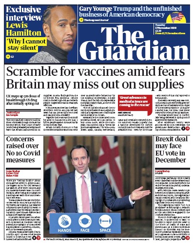 The Guardian (UK) Newspaper Front Page for 17 November 2020