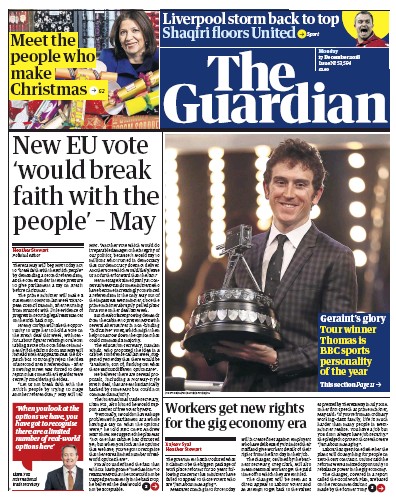 The Guardian Newspaper Front Page for 17 December 2018
