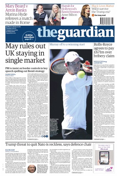 The Guardian Newspaper Front Page for 17 January 2017