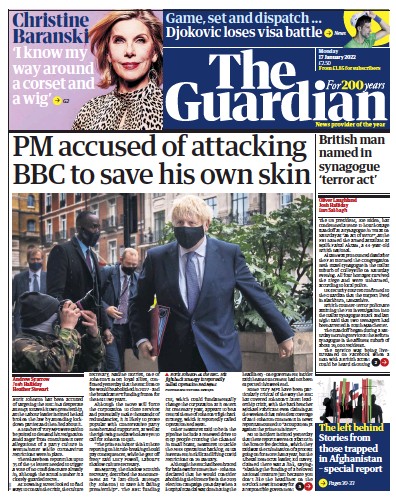 The Guardian (UK) Newspaper Front Page for 17 January 2022