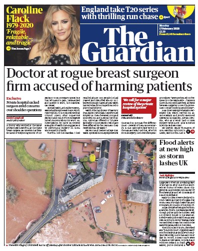 The Guardian Newspaper Front Page for 17 February 2020