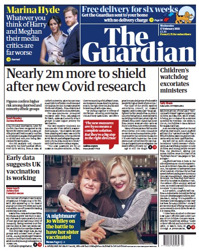 The Guardian Newspaper Front Page for 17 February 2021