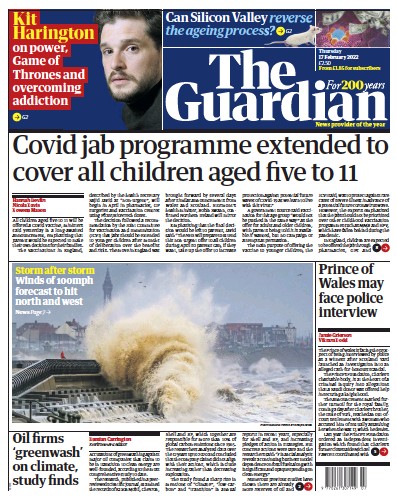 The Guardian Newspaper Front Page for 17 February 2022