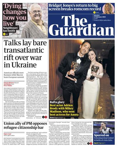 The Guardian (UK) Newspaper Front Page for 17 February 2025