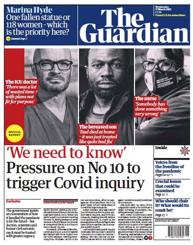 The Guardian (UK) Newspaper Front Page for 17 March 2021