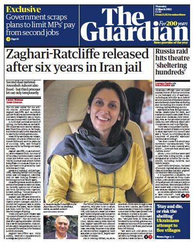 The Guardian Newspaper Front Page for 17 March 2022