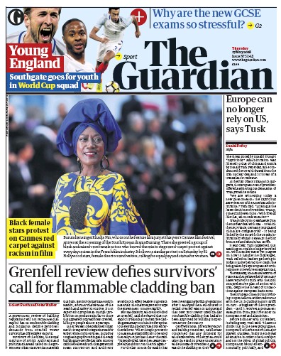 The Guardian Newspaper Front Page for 17 May 2018