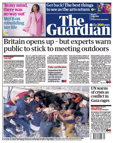 The Guardian Newspaper Front Page for 17 May 2021