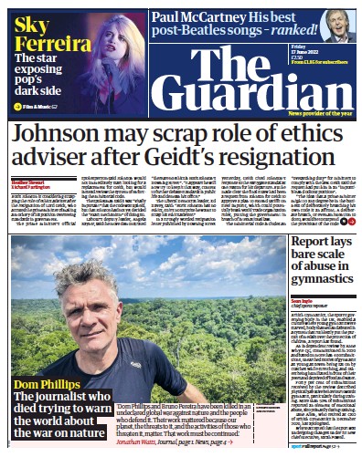 The Guardian (UK) Newspaper Front Page for 17 June 2022