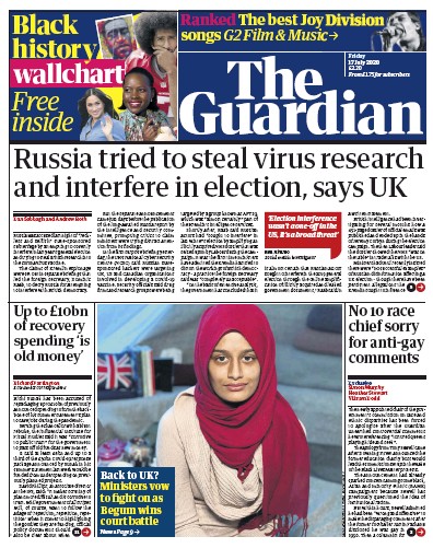 The Guardian Newspaper Front Page for 17 July 2020