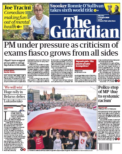 The Guardian Newspaper Front Page for 17 August 2020