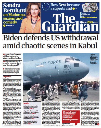 The Guardian (UK) Newspaper Front Page for 17 August 2021