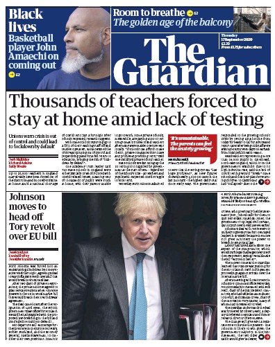 The Guardian (UK) Newspaper Front Page for 17 September 2020