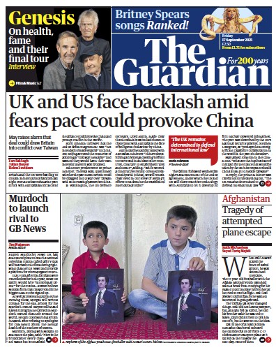 The Guardian (UK) Newspaper Front Page for 17 September 2021